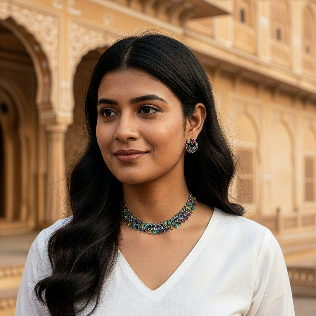 Vibrant Oxidized Finish Teardrop Stone Necklace Set