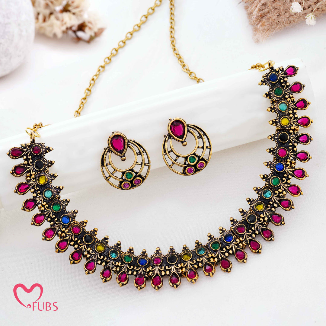 Vibrant Oxidized Silver Teardrop Stone Necklace Set (Golden)