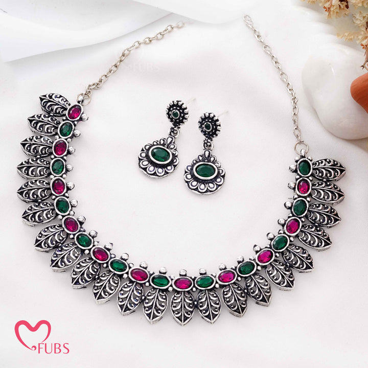 Traditional Oxidized Silver Leaf Design Necklace Set