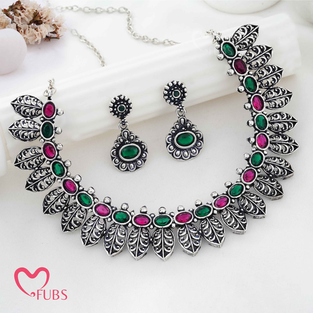 Traditional Oxidized Silver Leaf Design Necklace Set