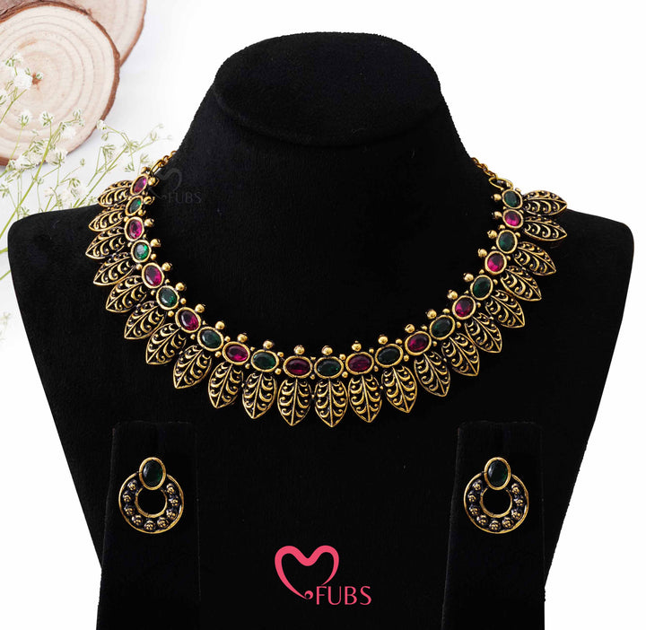 Traditional Antique Gold Plated Leaflet Necklace Set