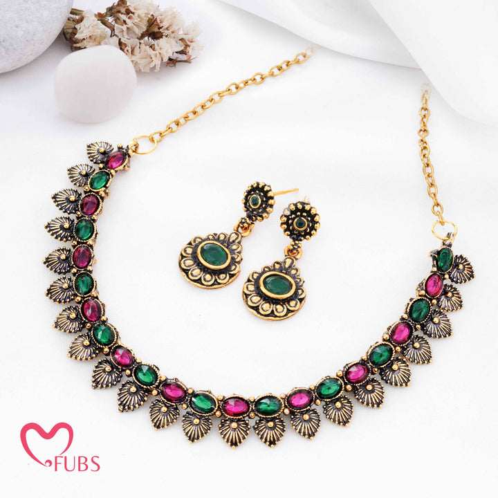 Traditional Antique Gold Plated Leaflet Necklace Set