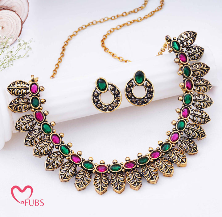 Traditional Antique Gold Plated Leaflet Necklace Set