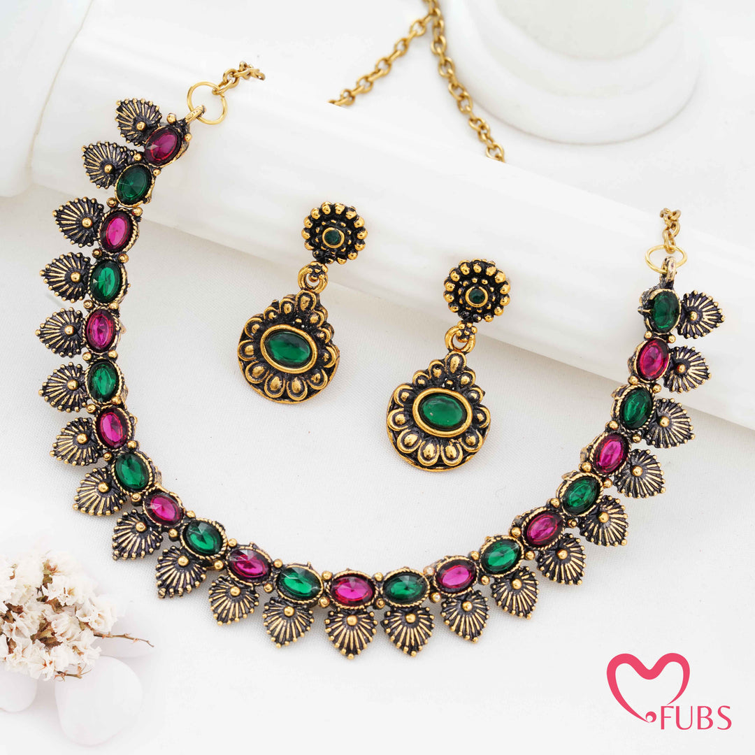 Traditional Antique Gold Plated Leaflet Necklace Set