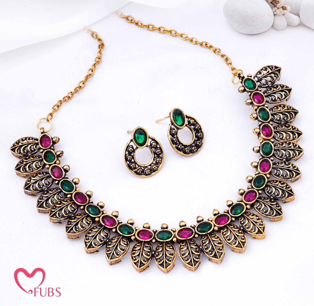 Traditional Antique Gold Plated Leaflet Necklace Set