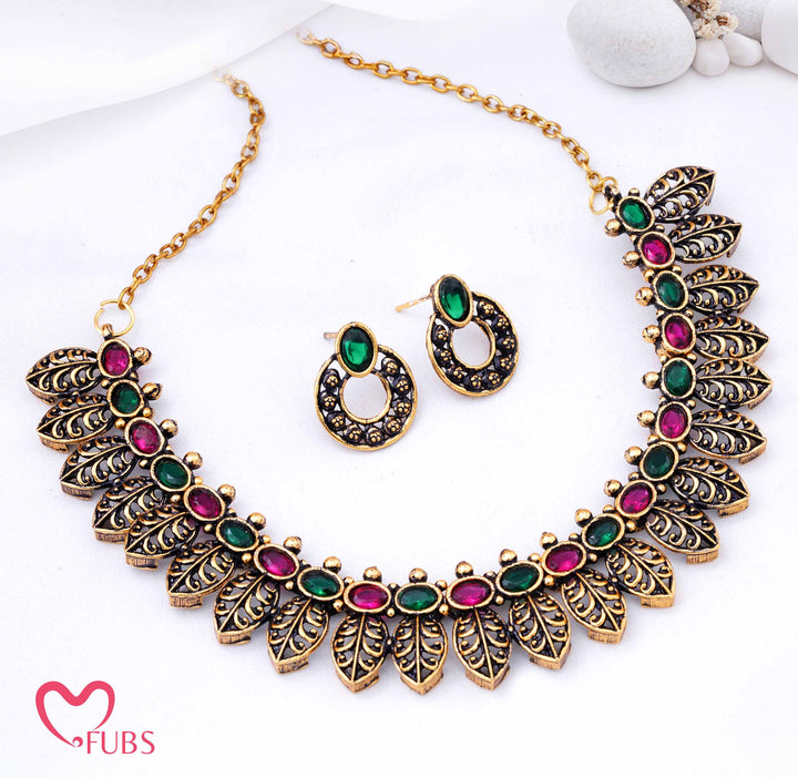 Traditional Antique Gold Plated Leaflet Necklace Set