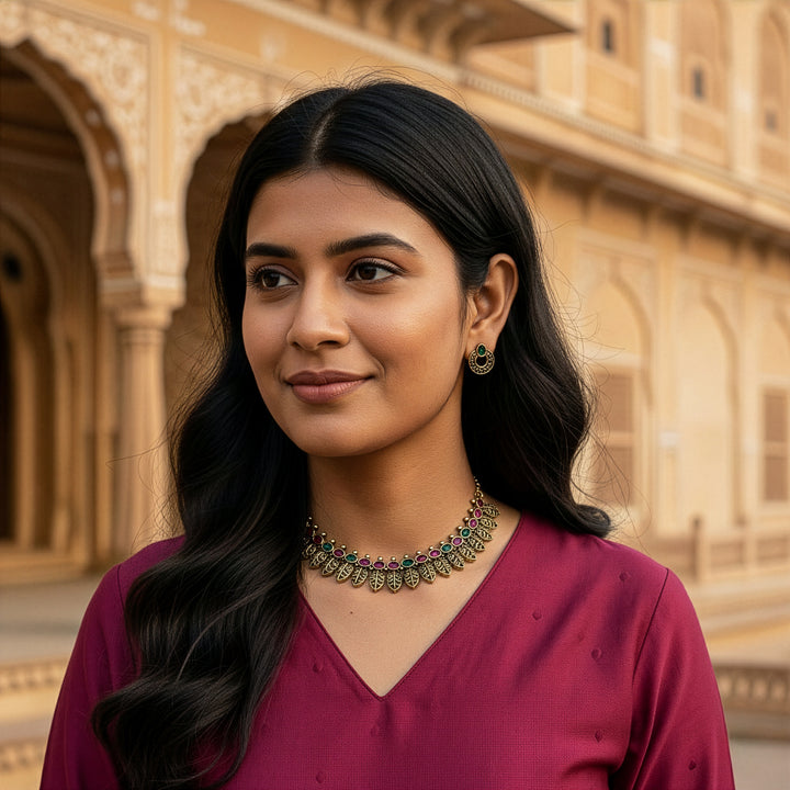 Traditional Antique Gold Plated Leaflet Necklace Set