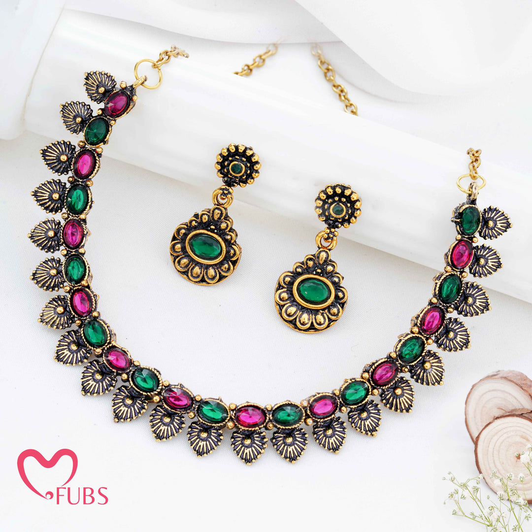 Traditional Antique Gold Plated Sunburst Necklace Set