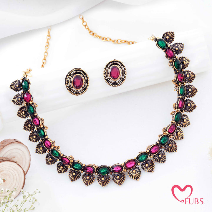 Traditional Antique Gold Plated Choker Set with Maroon & Green Stones
