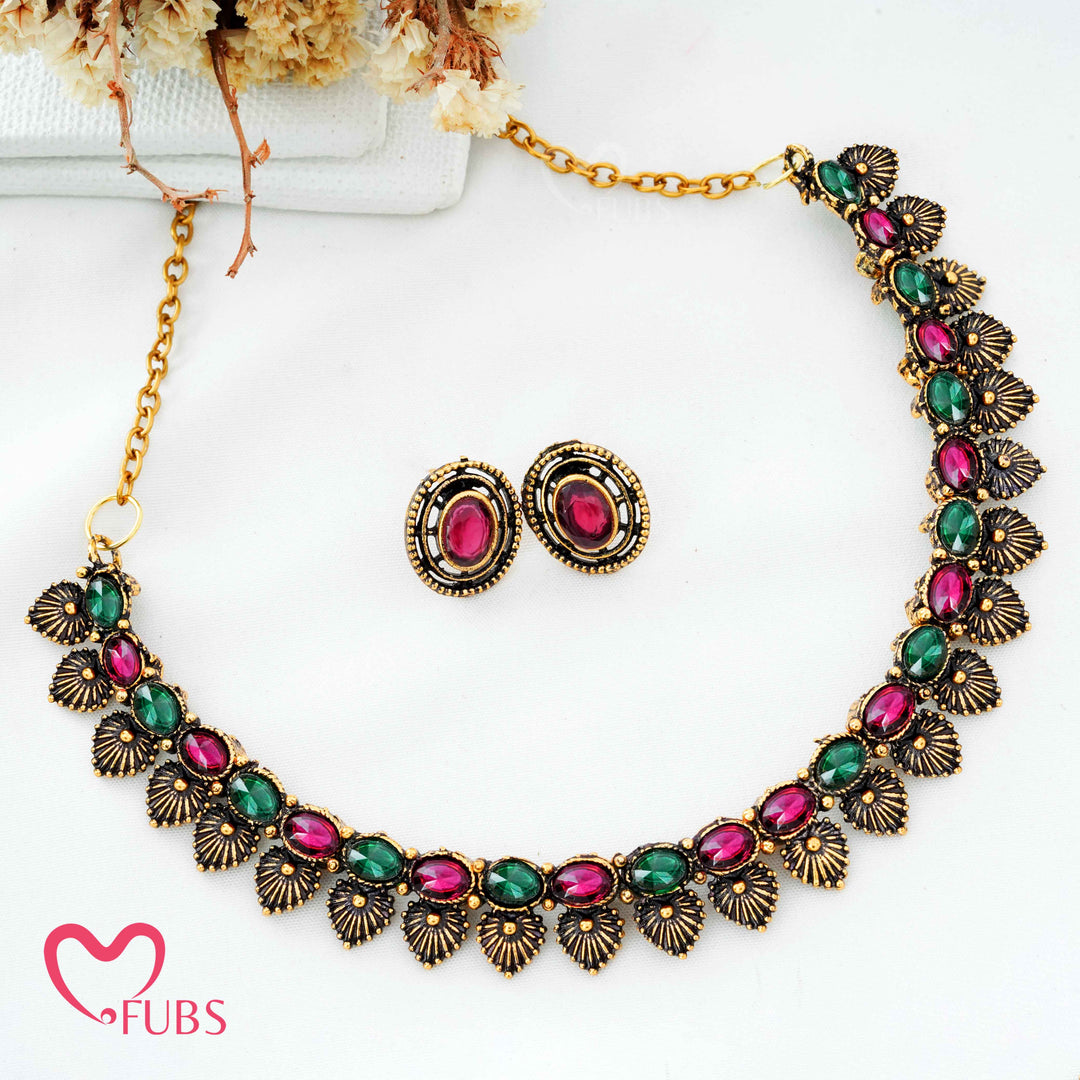 Traditional Antique Gold Plated Choker Set with Maroon & Green Stones