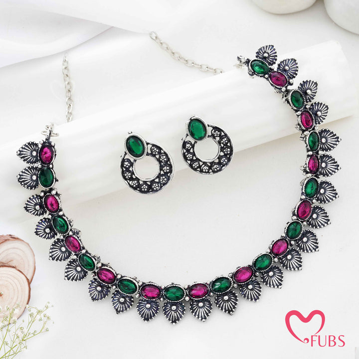 Traditional Oxidized Silver Choker Necklace Set with Aesthetic Stud Earrings