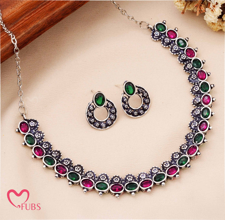 Traditional Oxidized Finish Choker Necklace Set with Aesthetic Stud Earrings