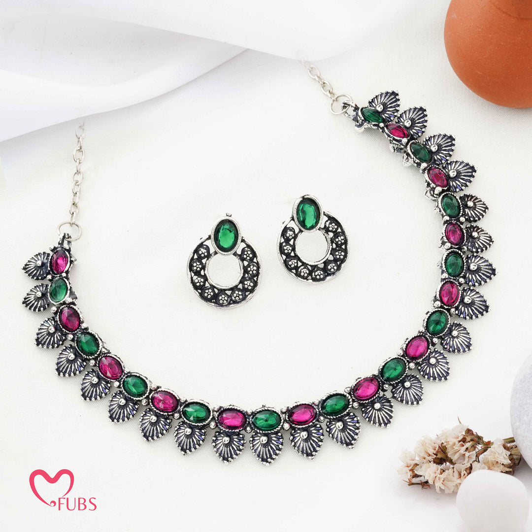 Traditional Oxidized Silver Choker Necklace Set with Aesthetic Stud Earrings