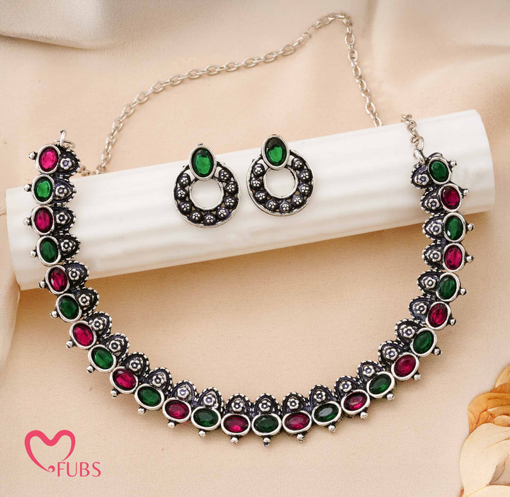 Traditional Oxidized Finish Choker Necklace Set with Aesthetic Stud Earrings