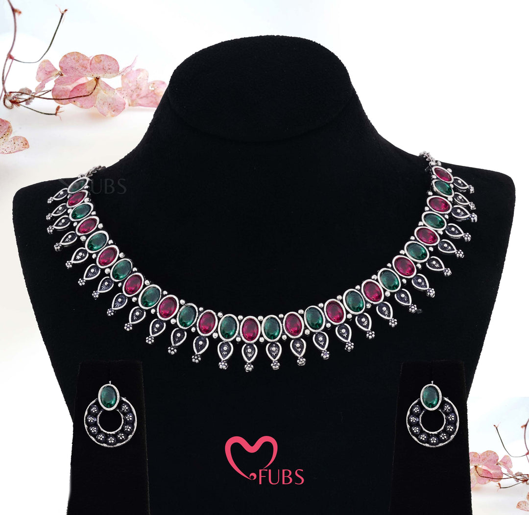Aesthetic German Silver Jewelry with Maroon & Green Stones