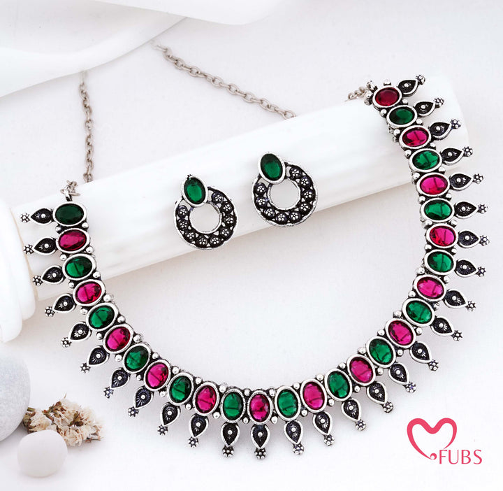 Aesthetic German Silver Jewelry with Maroon & Green Stones