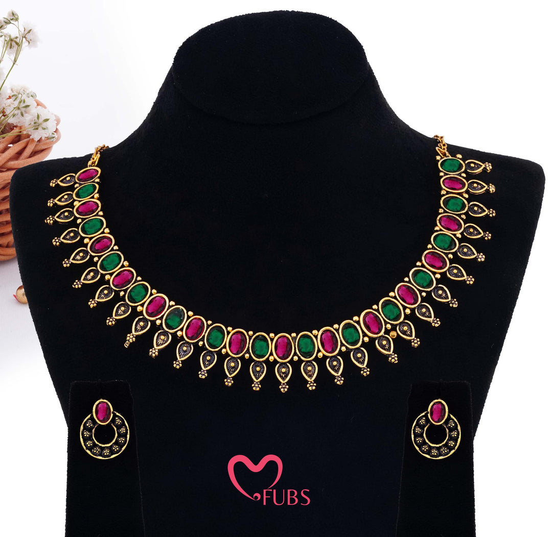 Aesthetic German Golden Jewelry with Maroon & Green Stones