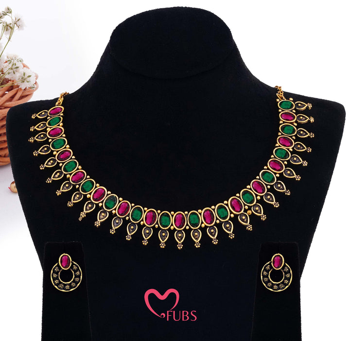 Aesthetic German Golden Jewelry with Maroon & Green Stones