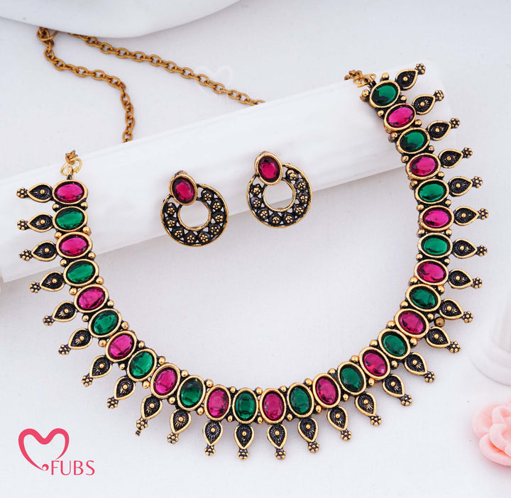 Aesthetic German Golden Jewelry with Maroon & Green Stones