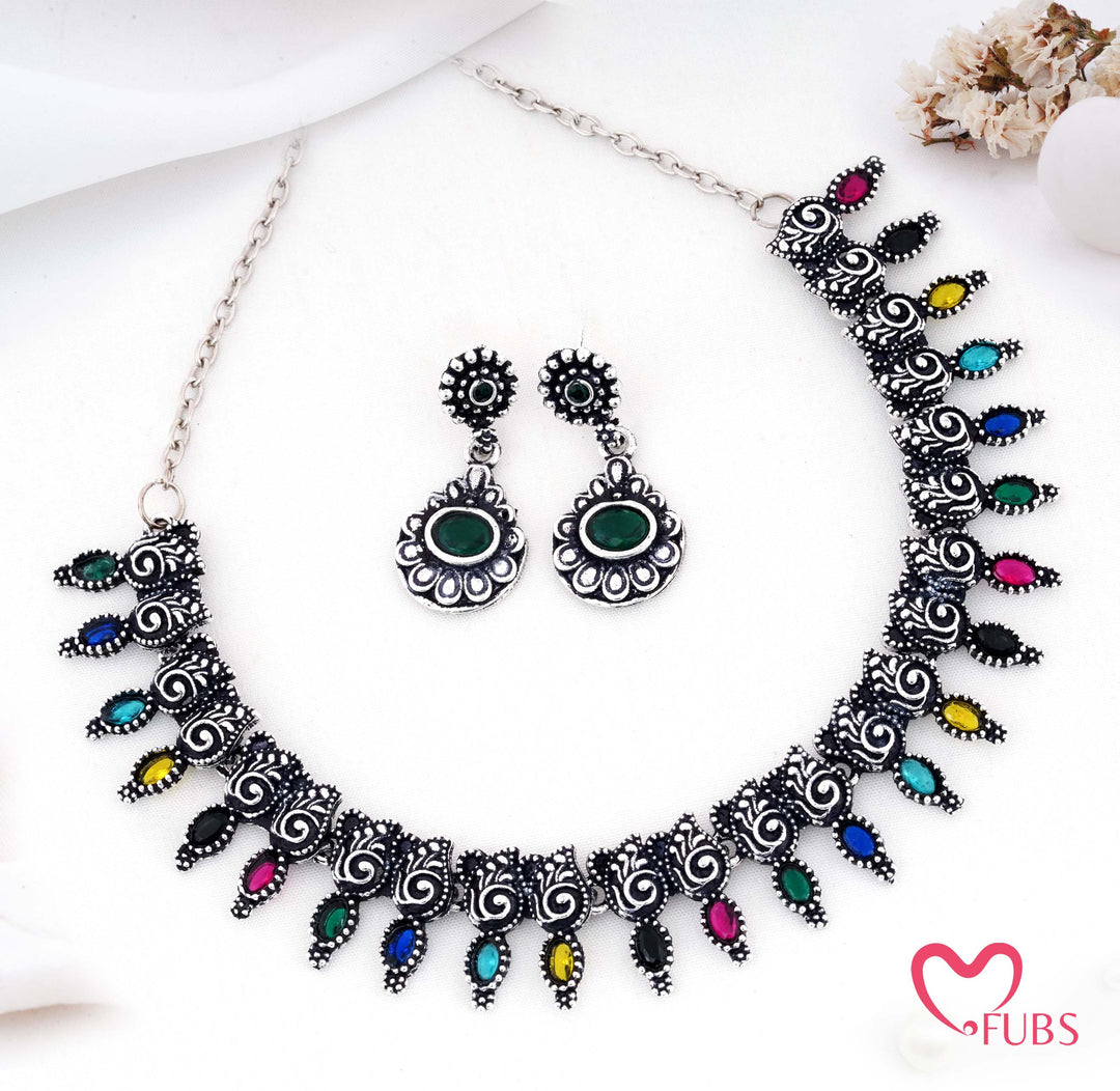 Traditional Oxidized Silver Swirl Choker Set