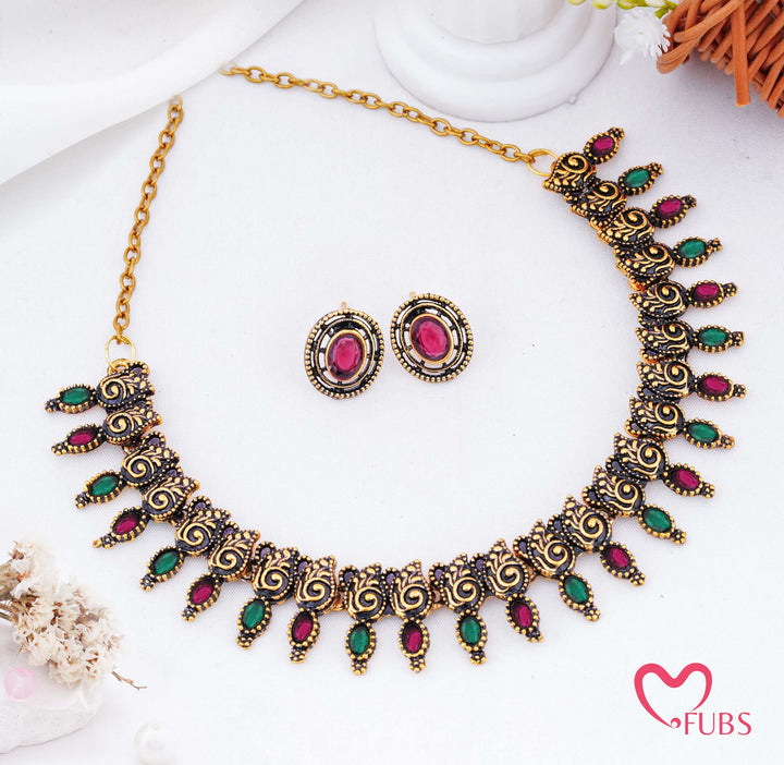 Traditional Oxidized Golden Swirl Choker Set