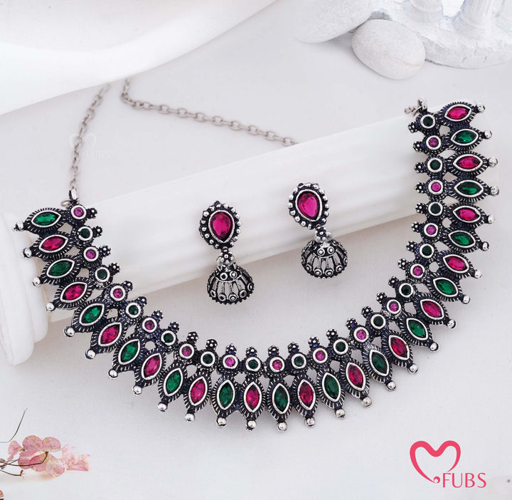 Silver Finish Teardrop Cluster Necklace Set