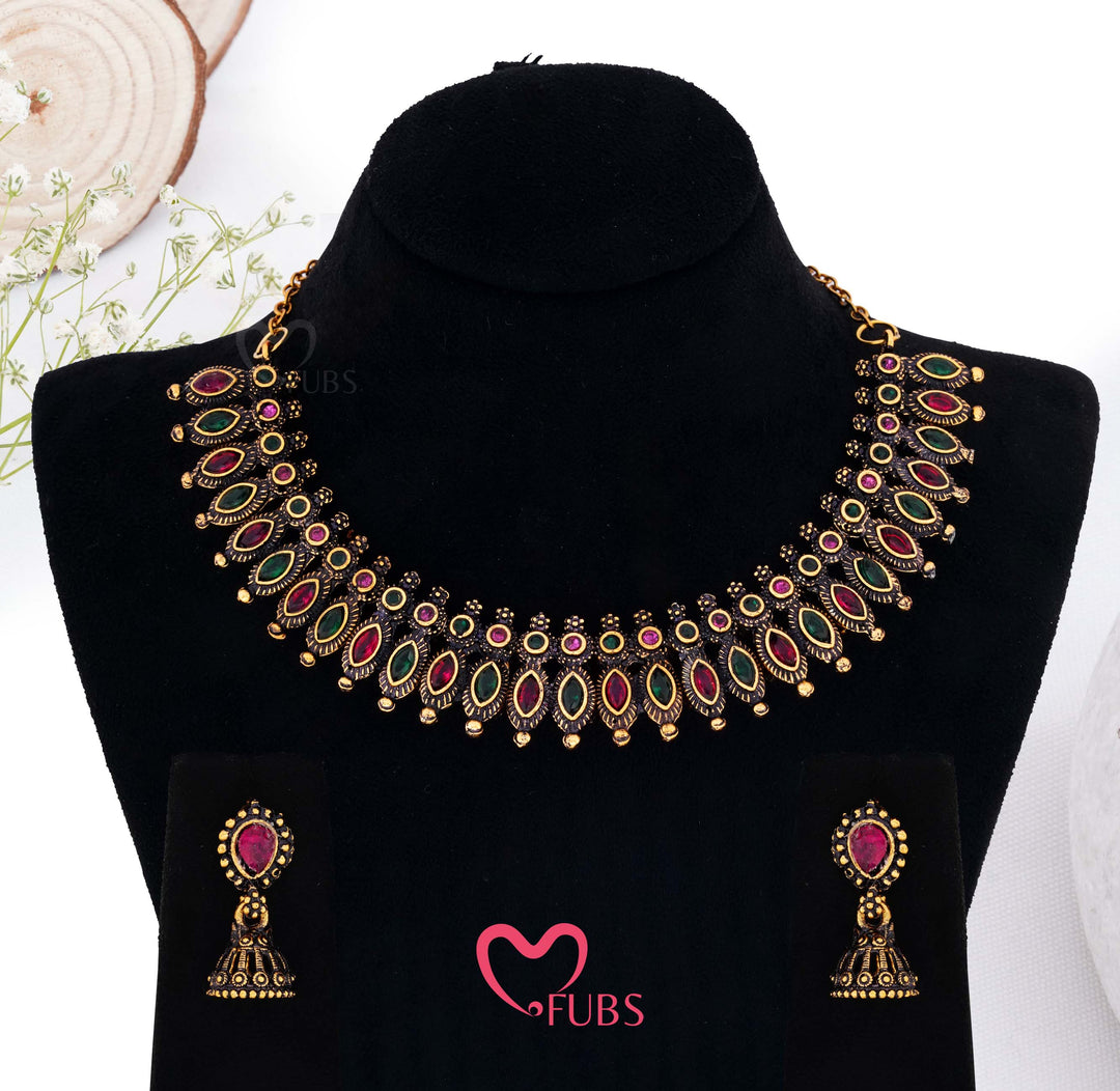 Golden Finish Teardrop Cluster Necklace Set