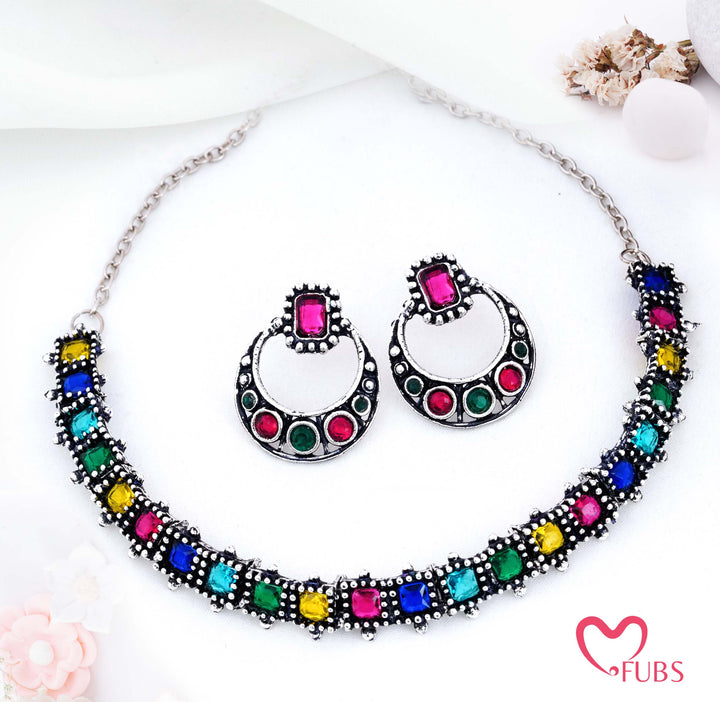 Oxidized Finish Square Stone Necklace (Silver)