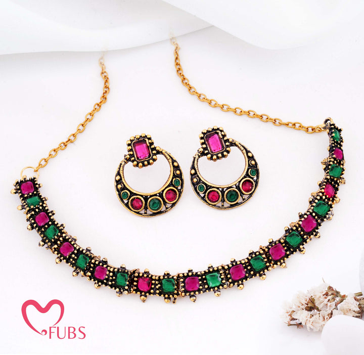 Oxidized Finish Square Stone Necklace (Golden)