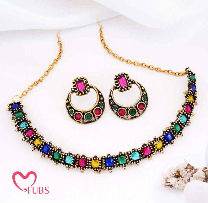 Oxidized Finish Square Stone Necklace (Golden)