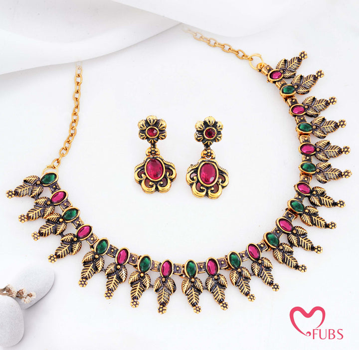 Gold Finish Leaf Design Necklace Set