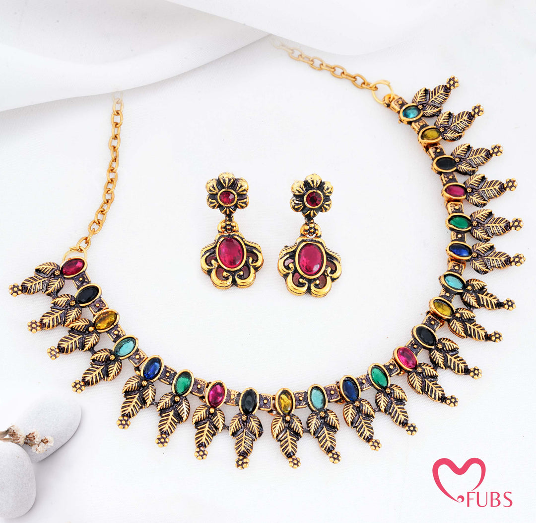 Gold Finish Leaf Design Necklace Set