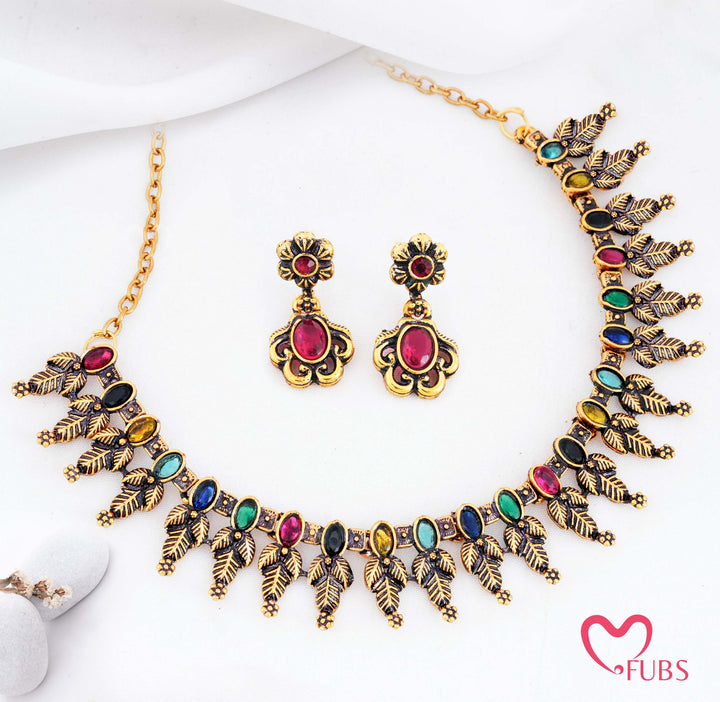 Gold Finish Leaf Design Necklace Set