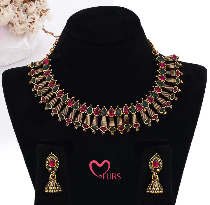 Antique Finish Coilwork Necklace Set (Golden)