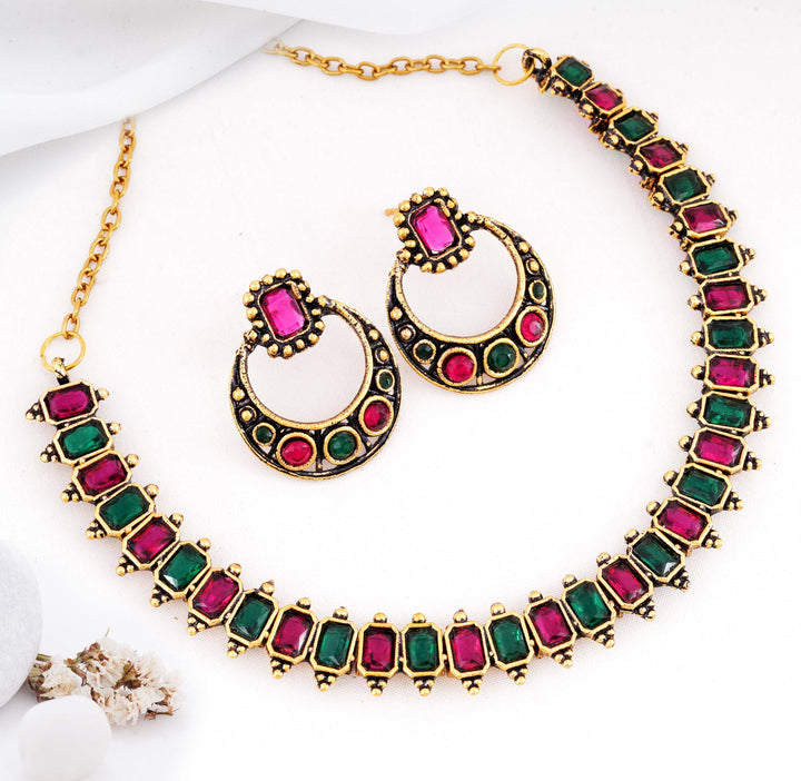 Antique Finish Rectangular Stone Necklace (Golden)