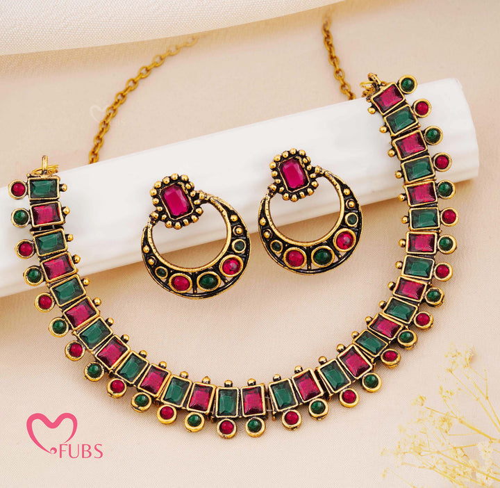 Oxidized Finish Square Stone Necklace (Golden)