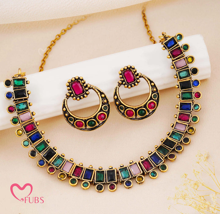 Oxidized Finish Square Stone Necklace (Golden)