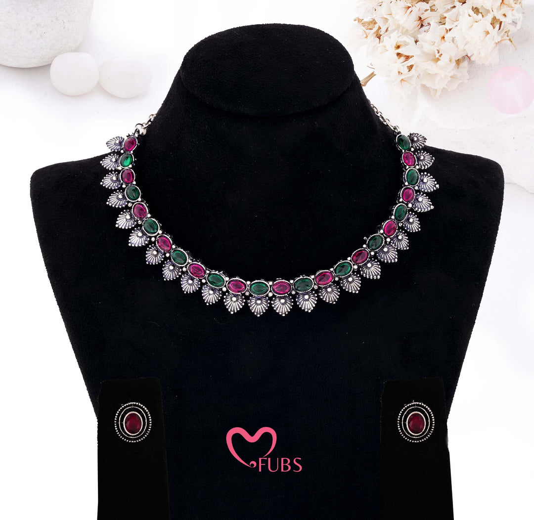 Golden Oxidized Finish Floral Petal Necklace Set - Aesthetic Oval Stone