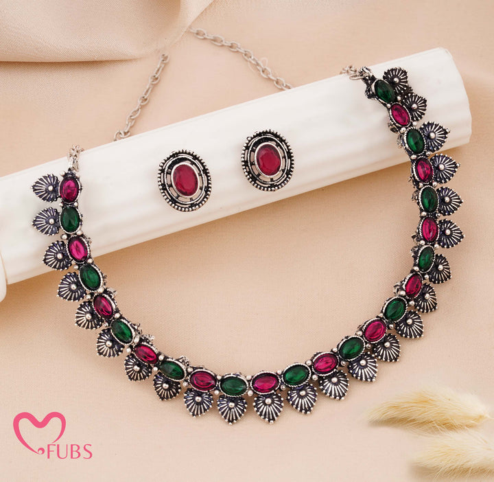 Silver Oxidized Finish Floral Petal Necklace Set - Aesthetic Oval Stone