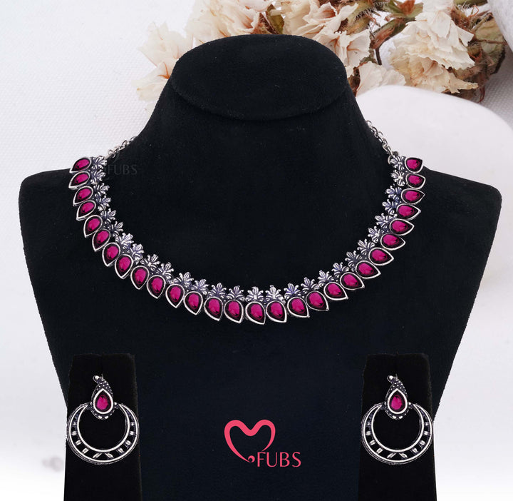 Oxidized Finish Pink Teardrop Choker Set
