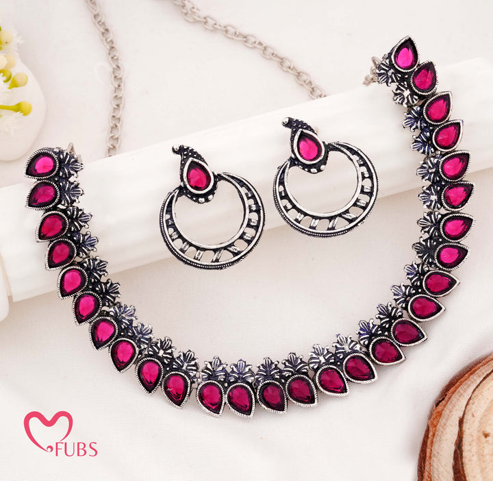 Oxidized Finish Pink Teardrop Choker Set
