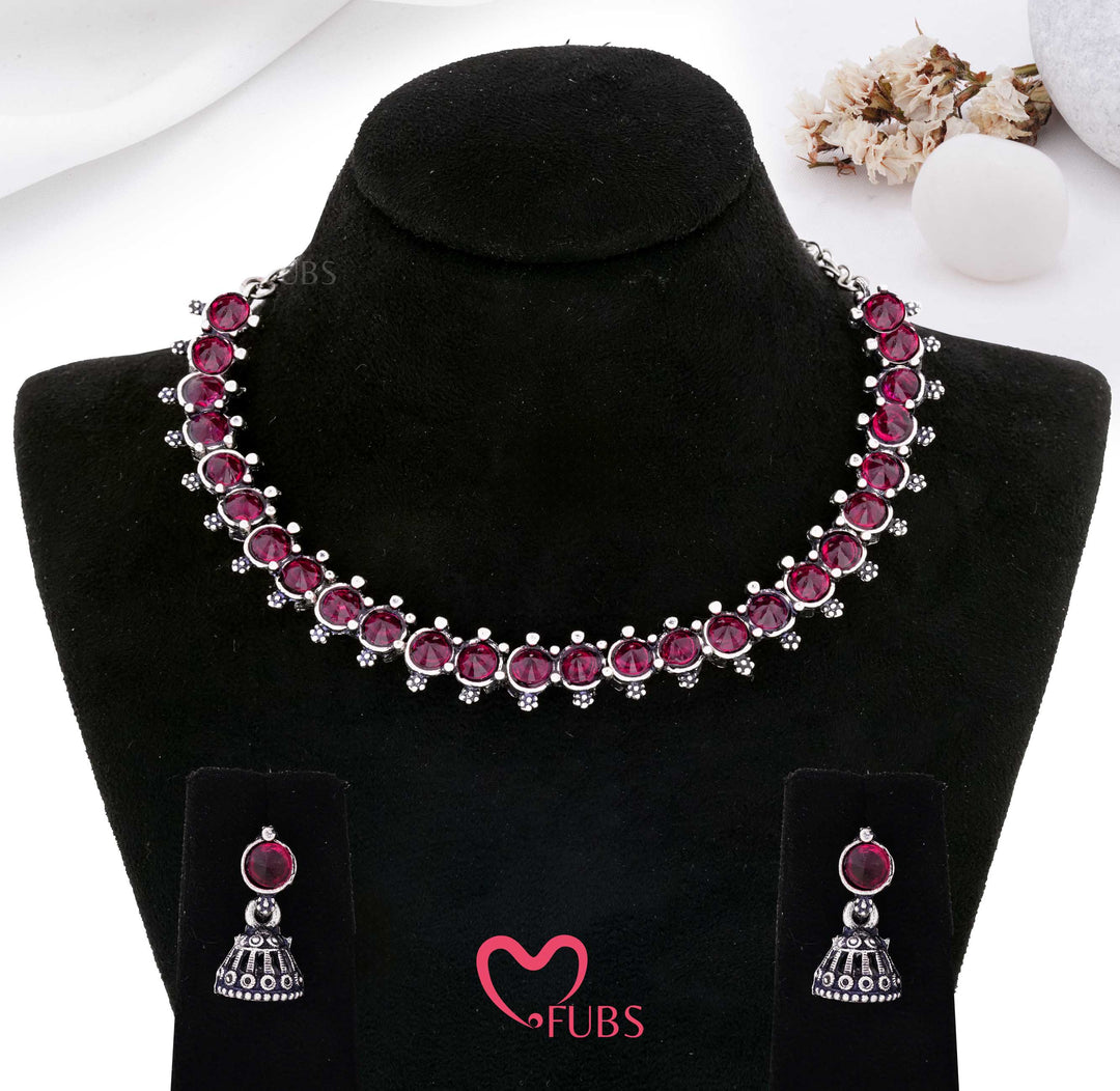 Silver Finish Circular Stone Jhumka Set