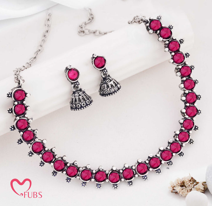 Silver Finish Circular Stone Jhumka Set