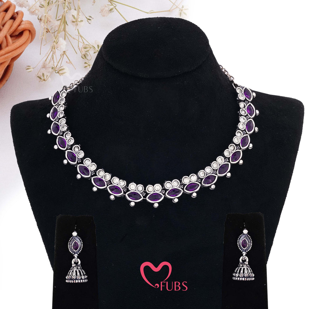 Oxidized Finish Marquise Stone Jhumka Set