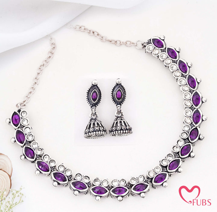 Oxidized Finish Marquise Stone Jhumka Set