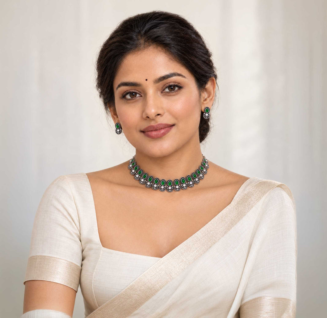 Zeenat Oxidised Emerald Necklace Set