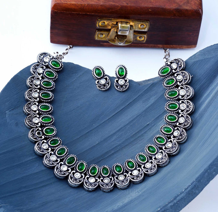 Zeenat Oxidised Emerald Necklace Set