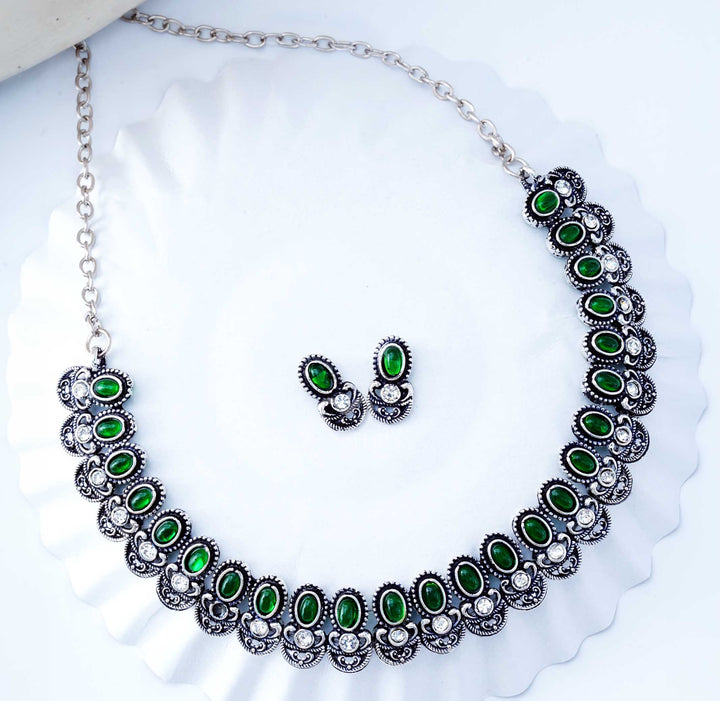 Zeenat Oxidised Emerald Necklace Set