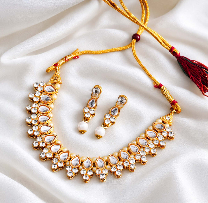 Shahi White Kundan Pearl Drop Choker Necklace Set
