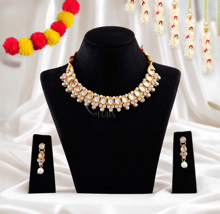 Shahi White Kundan Pearl Drop Choker Necklace Set